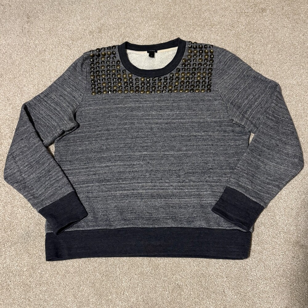 J Crew Womens Metal Studded Beaded Sweater Pullover Embellished Crew Gray, Sz M